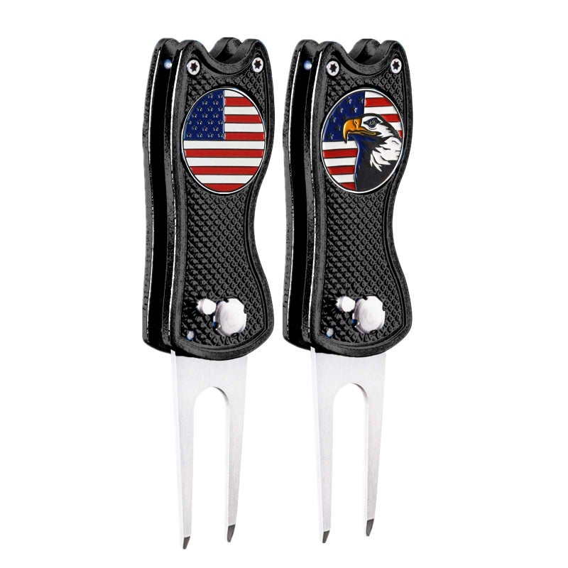 FINGER TEN Golf Divot Repair Tool and Ball Marker Switchblade Value Pack, Foldable Magnetic Stainless Steel with Pop-up Button for Men Women (2 in Black+2 Ball Marker) - Image 1